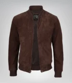 Men’s Dark Brown Real Suede Bomber Jacket Classic Zip Front Style - Image 2