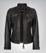 Distressed brown real leather motorcycle jacket for women with quilted detailing