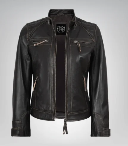 Distressed brown real leather motorcycle jacket for women with quilted detailing