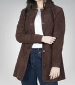 Women’s Dark Brown Suede Button-Down Coat 3/4 Length Real Suede Jacket - Image 2