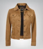 Women’s Light Brown Suede Trucker Jacket Real Suede Button-Front Jacket - Image 2