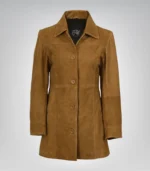 Women’s 3/4 Length Camel Brown Suede Button-Down Coat Real Suede Jacket - Image 2