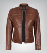 Women's Cognac Waxed Motorcycle-Style Leather Jacket - Image 2