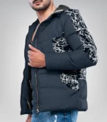 Karter Men’s Duck Down Navy Blue Patterned Puffer Jacket with Hood 700 Fill Power Insulated Winter Coat - Image 2