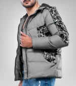 Karter Men’s Duck Down Light Gray Patterned Puffer Jacket with Hood 700 Fill Power Insulated Winter Coat - Image 2
