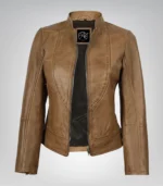 Camel brown real leather biker jacket for women by Amy
