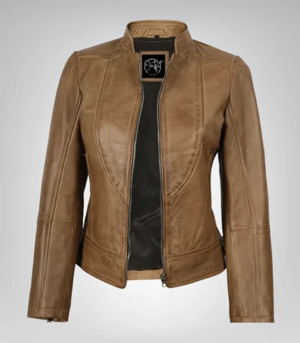 Camel brown real leather biker jacket for women by Amy