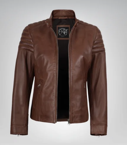 Cognac real leather motorcycle jacket for women