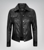 Black real lambskin leather trucker jacket for women featuring four pockets