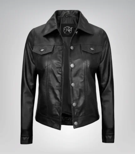 Black real lambskin leather trucker jacket for women featuring four pockets
