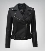 Women’s black real leather motorcycle jacket with belted waist – Margaret design