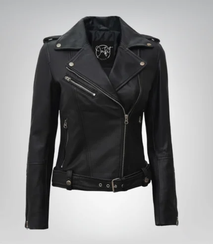 Women’s black real leather motorcycle jacket with belted waist – Margaret design