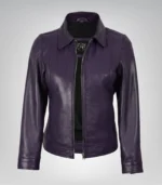 Purple real leather motorcycle jacket for women featuring shirt-style collar