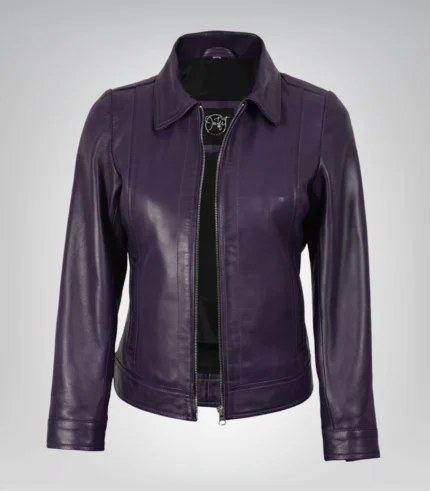 Purple real leather motorcycle jacket for women featuring shirt-style collar