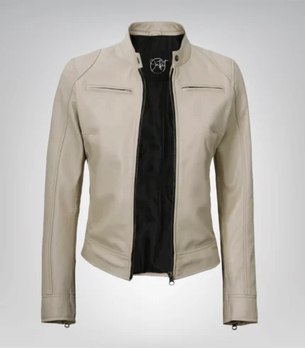 Women’s beige real leather motorcycle jacket – Dodge style