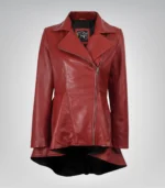 Red real leather peplum jacket for women with angled zipper