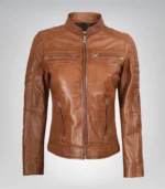 Tan real leather motorcycle jacket for women