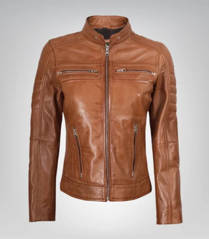 Tan real leather motorcycle jacket for women
