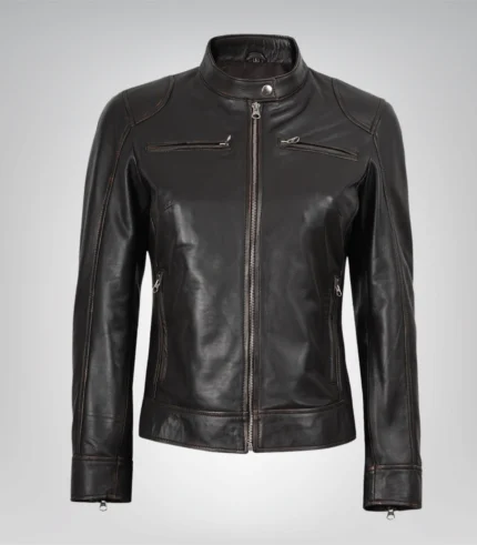Distressed brown real leather moto jacket for women – Dodge edition
