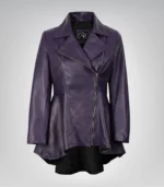 Women’s purple real leather jacket featuring a peplum frock design