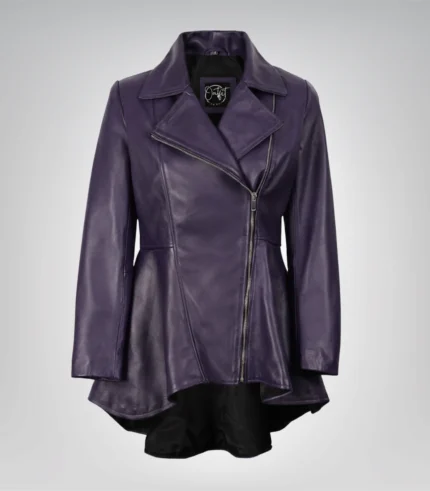 Women’s purple real leather jacket featuring a peplum frock design