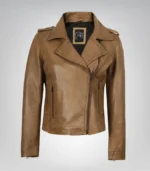 Camel brown real leather biker jacket for women