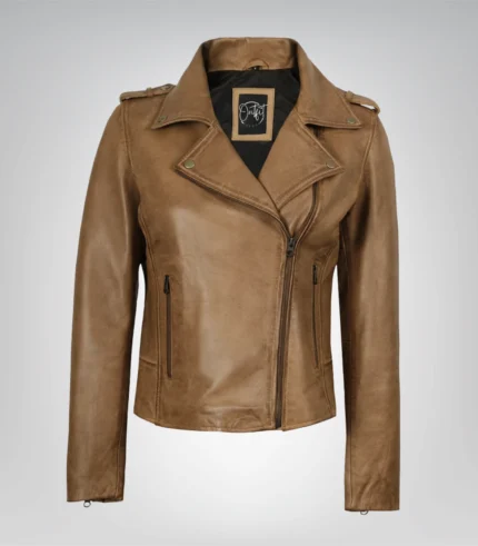 Camel brown real leather biker jacket for women