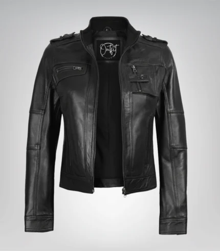 Women’s black real leather motorcycle jacket in classic biker style