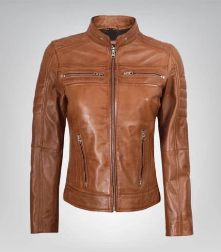 Tan real leather biker jacket for women in classic moto style