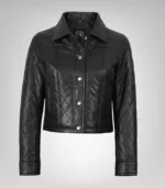 Black cropped leather jacket for women with quilted detailing