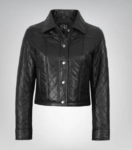 Black cropped leather jacket for women with quilted detailing