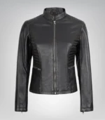 Distressed brown real leather motorcycle-style jacket for women