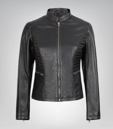 Distressed brown real leather motorcycle-style jacket for women