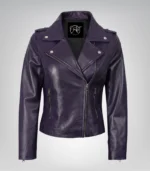 Purple real lambskin motorcycle-style jacket for women with asymmetrical zipper