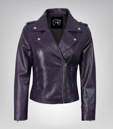 Purple real lambskin motorcycle-style jacket for women with asymmetrical zipper