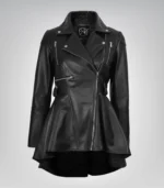 Black genuine leather peplum-style jacket for women with angled front