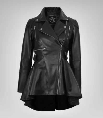 Black genuine leather peplum-style jacket for women with angled front