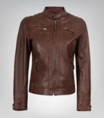Cognac real leather biker jacket for women with quilted shoulders