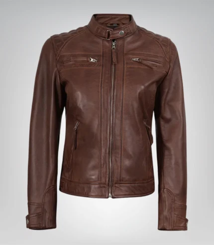 Cognac real leather biker jacket for women with quilted shoulders