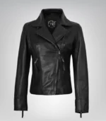 Women’s black real leather motorcycle jacket with asymmetrical zipper