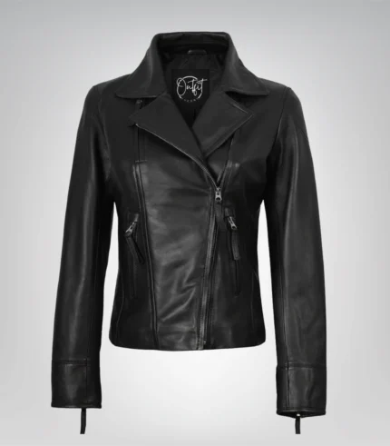 Women’s black real leather motorcycle jacket with asymmetrical zipper