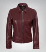 Burgundy real leather jacket for women with classic collar