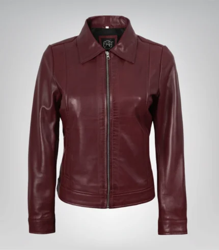Burgundy real leather jacket for women with classic collar