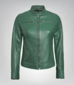 Green real leather motorcycle-style jacket for women