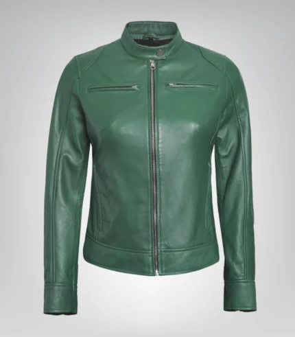 Green real leather motorcycle-style jacket for women