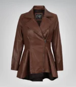 Women’s premium cognac leather jacket featuring a flared peplum