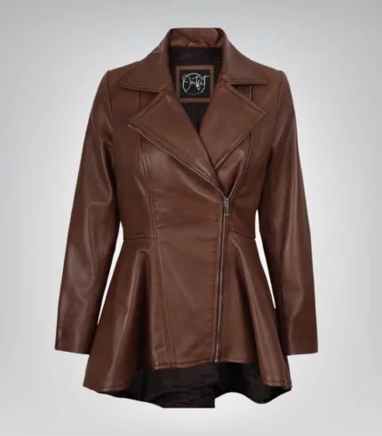 Women’s premium cognac leather jacket featuring a flared peplum
