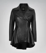Women’s black real leather jacket featuring a flared peplum silhouette