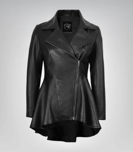Women’s black real leather jacket featuring a flared peplum silhouette