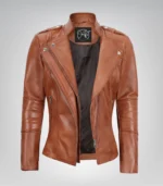 Tan real leather moto jacket for women with asymmetrical front